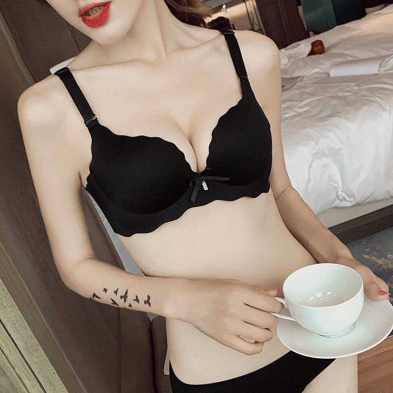 舒适无钢圈条纹杯面无痕厚模杯小胸拢文胸少女内衣内裤套装