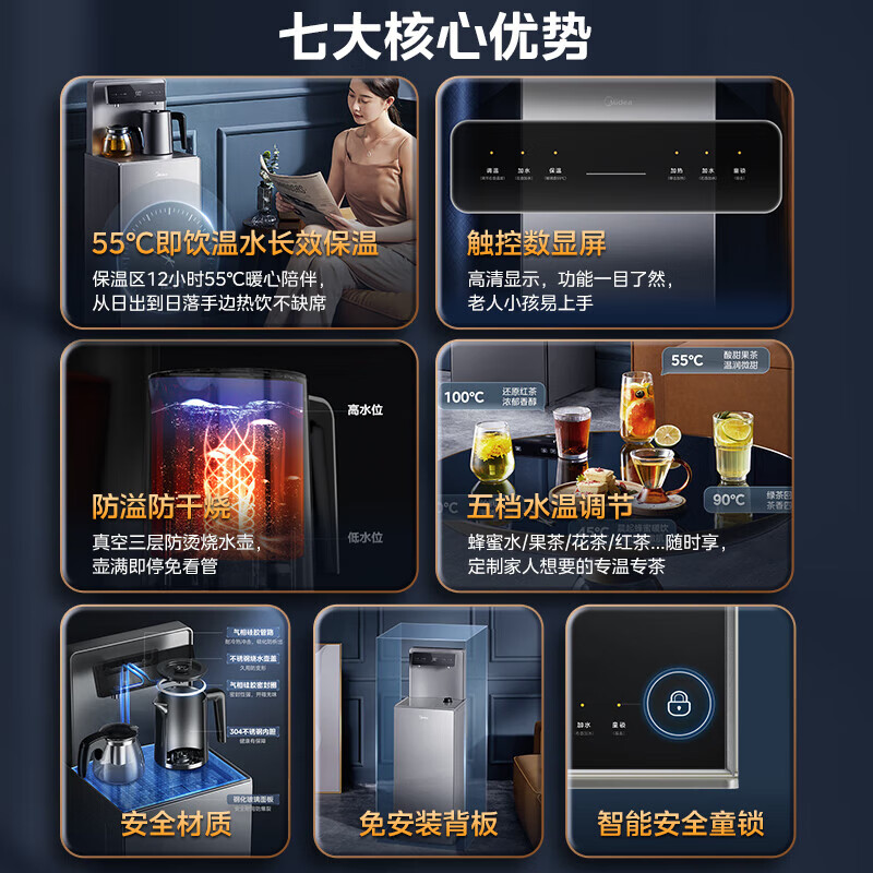 美的(Midea)茶吧机 饮水机家用 茶吧柜饮水机一体 高端客厅办公下置式 触控数显屏 YR1906S-X[钢化玻璃门]高清大图