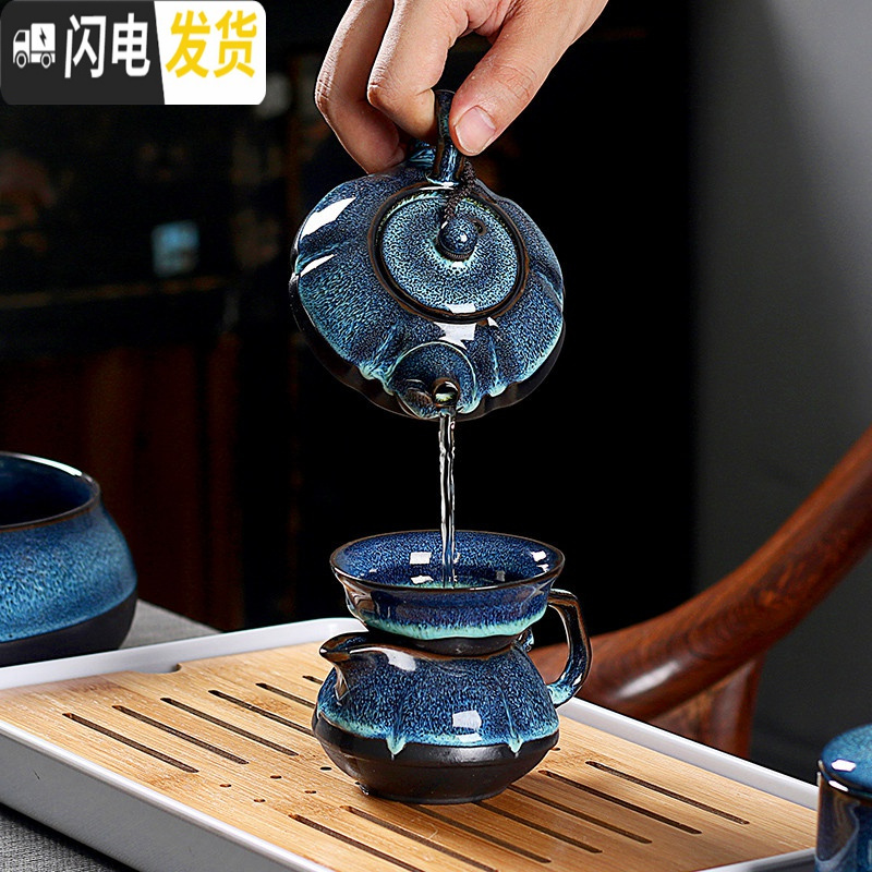 三维工匠建盏茶具套装天目油滴釉拉丝窑变钧窑陶瓷喝茶杯盖碗茶壶旅行日式 14天目茶具10头盖碗白盘高清大图