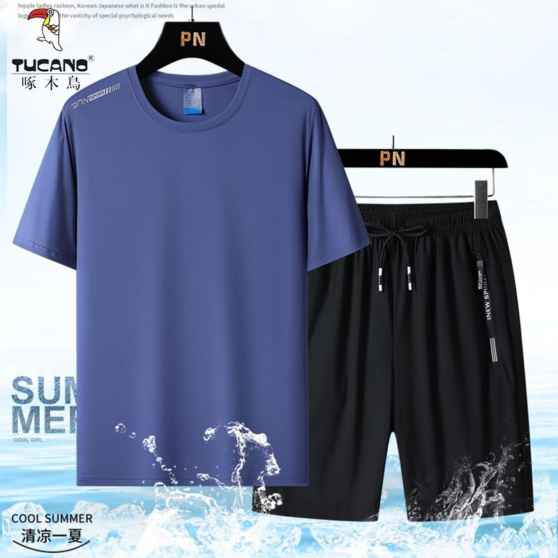 啄木鸟速干冰丝运动套装男短袖T恤夏季新款大码男装休闲裤两件套