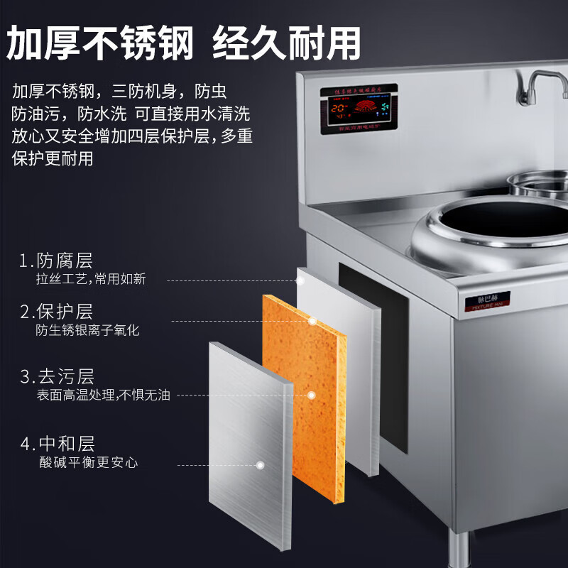 脉巴赫 商用电磁炉双头单尾400mm单 头灶台 小炒炉15kw*2学校食堂电灶台电炒炉 工程款