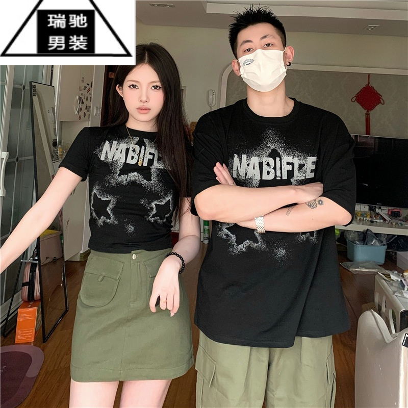 希杰狮王情侣装夏季2023新款小众设计感韩版潮流显瘦短袖T恤一裙一衣套装