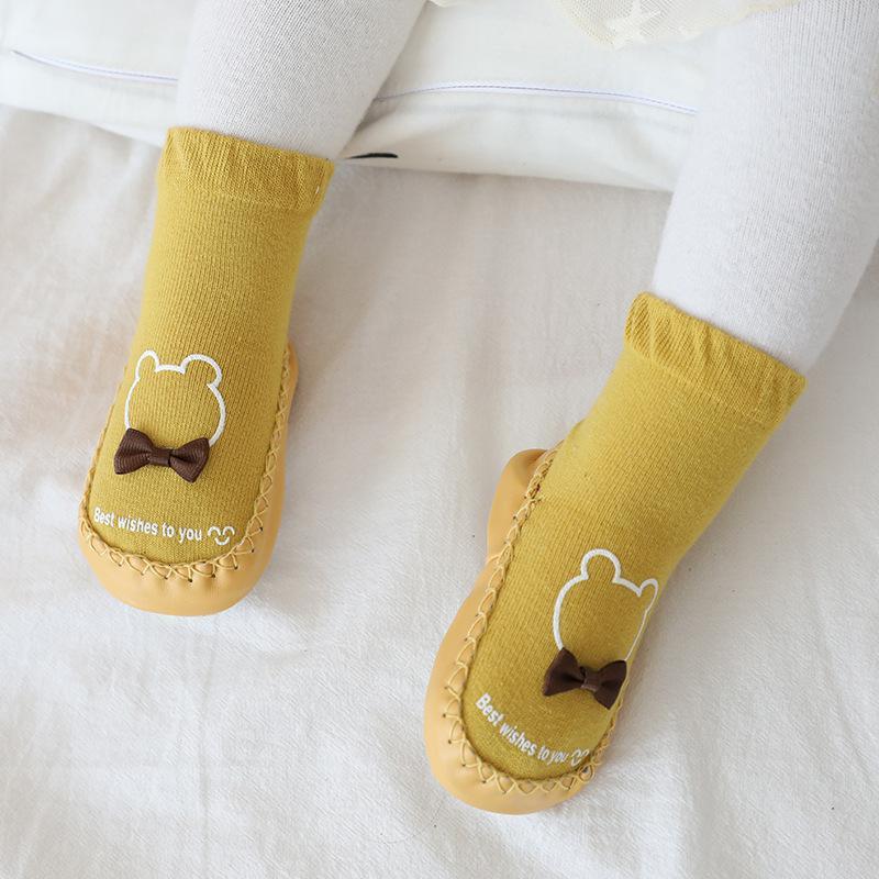 秋冬儿童袜子精梳棉宝宝学步鞋蝴蝶结女童袜防滑皮底地板袜子班得