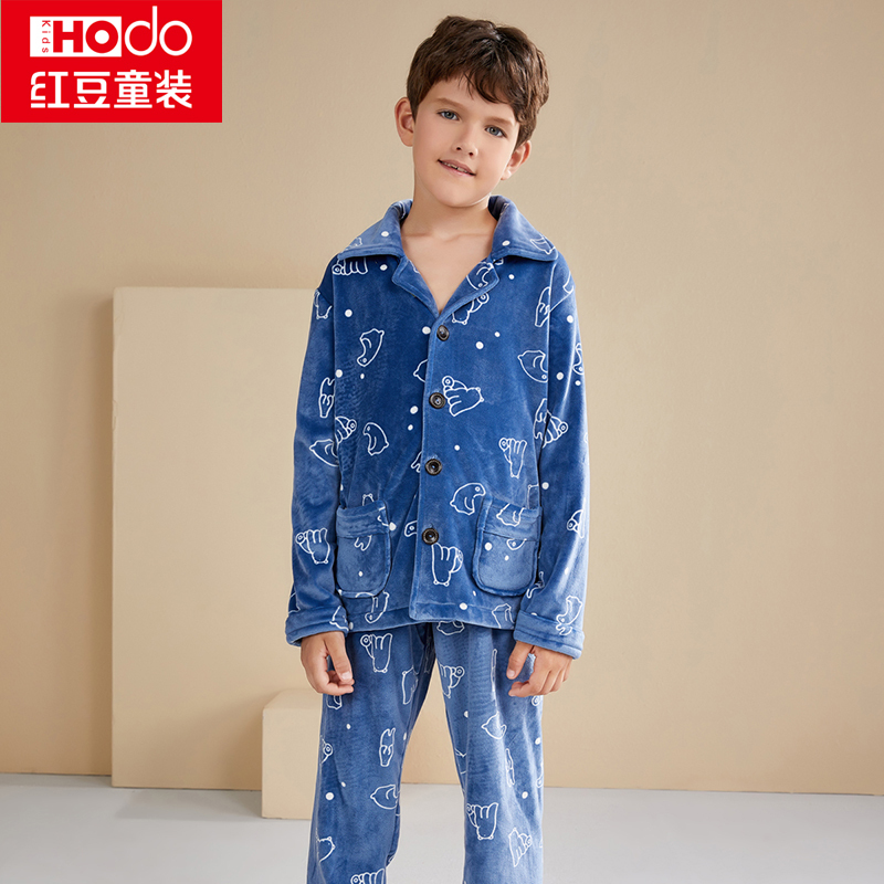 保暖绒红豆童装儿童加绒加厚家居服套装秋冬保暖套装