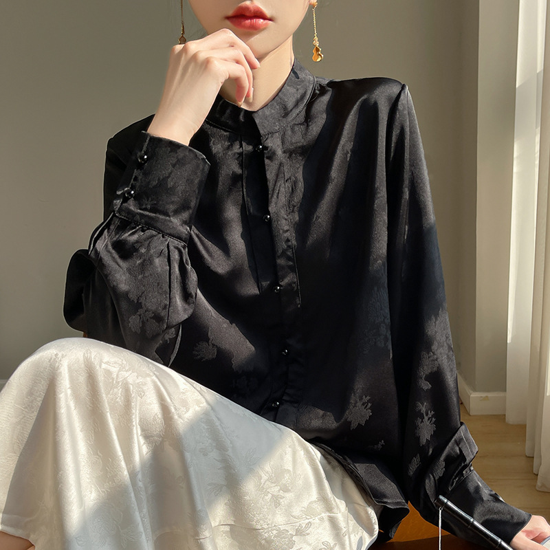 春夏新款新中式国风立领提花衬衫女缎面衬衣百搭上衣