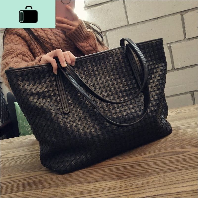 2020新款女包潮流韩版编织包女士托特包单肩包时尚手提包简约大包NEW LAKE 黑色编织大包女士单肩包图片