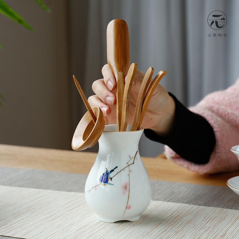 甜白釉手绘茶道六君子 陶瓷功夫茶道组 茶夹茶勺茶道套装_331