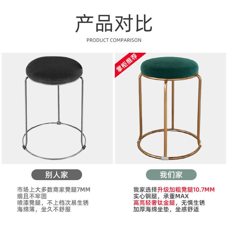 北欧风餐凳客厅凳子家用高圆凳简约加厚钢筋可摞叠矮凳板凳小凳子 金色腿-绒布粉色28*29cm