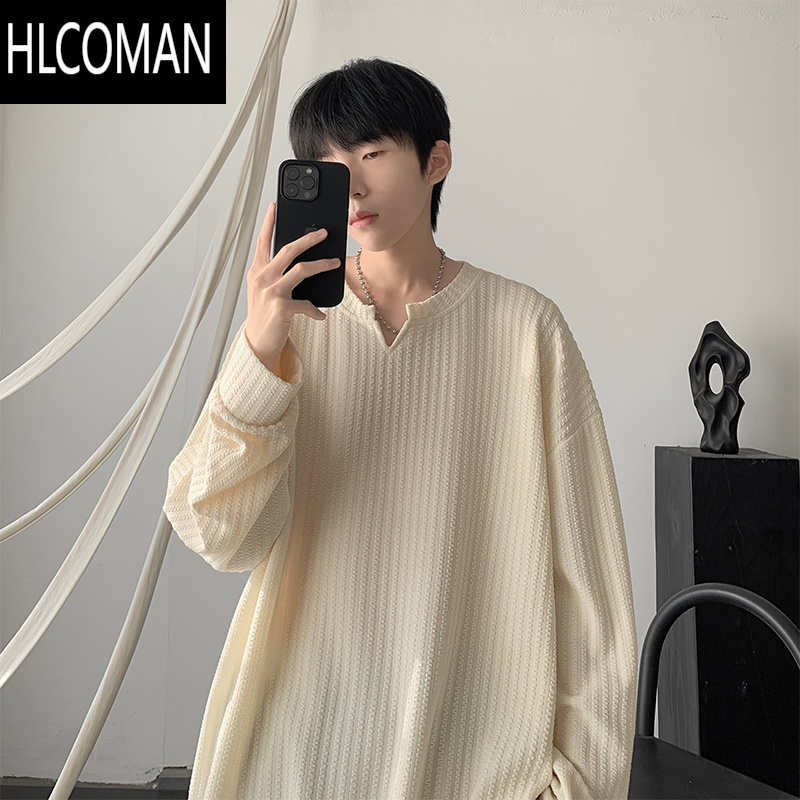 HLCOMAN美式高街V领卫衣男纯色休闲百搭肌理感加绒白色长袖T恤