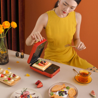 Hyundai三明治早餐机神器家用吐司压烤机小型面包机多功能轻食机[标配+华夫饼+鲷鱼烧]锦葵红
