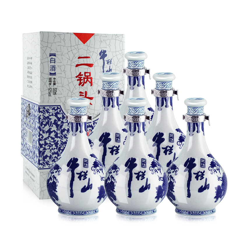 牛栏山 白酒 清香型 二锅头 青花瓷 52度 500ml*6瓶 整箱装(内含三个礼品袋)