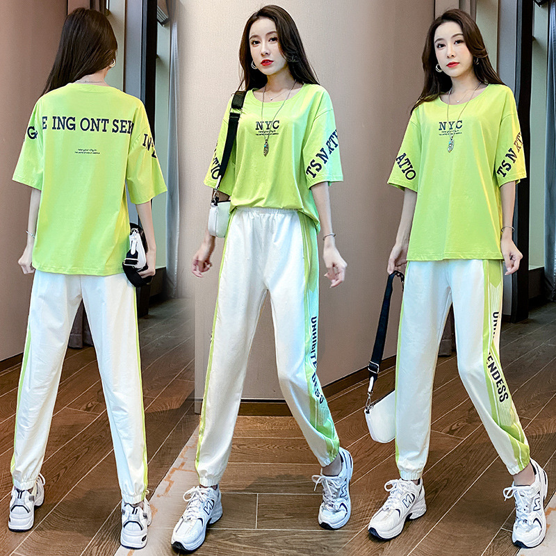 夏季短袖套装女时尚宽松t恤长裤女士运动套装休闲女装两件套麟名
