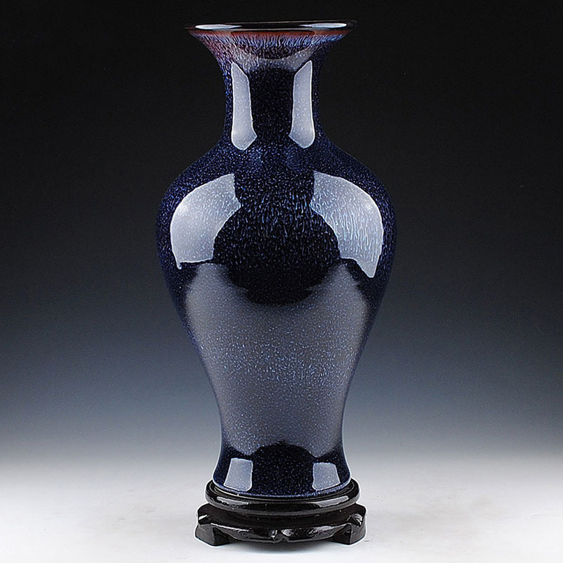 瓷物语cwy创意摆件窑变蓝色客厅花瓶插花花器新中式家居装饰（窑变玉壶春送底座）