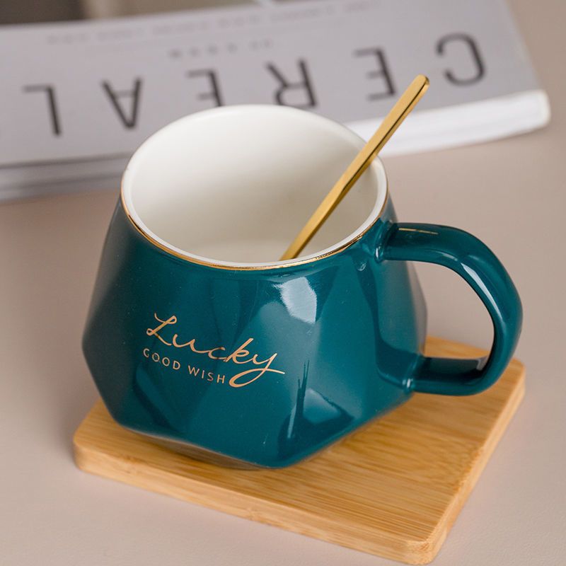 创意马克杯北欧陶瓷情侣杯咖啡杯家用高颜值带盖勺水杯少女保温杯 墨绿平盖lucky 普通泡沫邮购包装