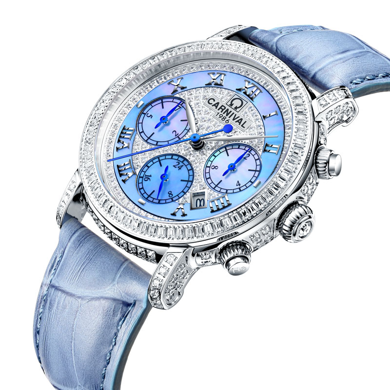 瑞士嘉年华Carnival进口机芯女士手表满天星全自动机械表 女镶钻牛皮表带休闲时尚女表防水真皮腕表8690高清大图