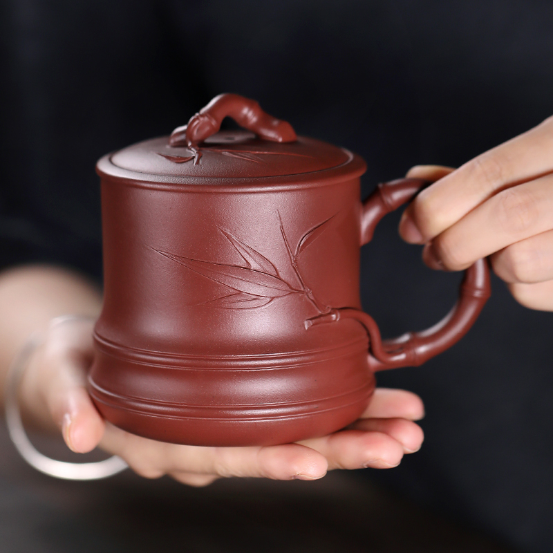金镶玉 宜兴紫砂杯 手工原矿紫砂茶杯子全手工贴竹功夫茶具茶缸送礼礼盒装 节节高升紫砂杯