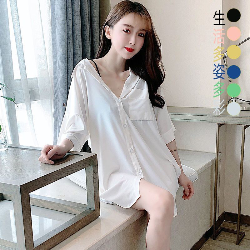冰丝性感男友风白衬衫中长款家居服韩版宽松可外穿睡衣re黑色吊带m