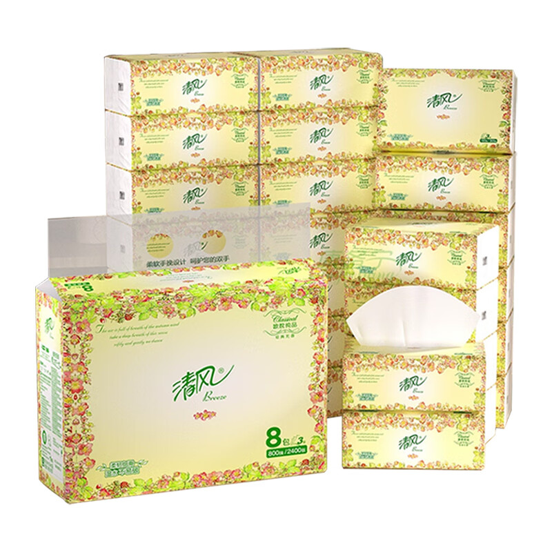 清风面巾纸 抽纸家用原生木浆3层100抽餐巾纸 小包抽纸巾纸抽整箱24包高清大图