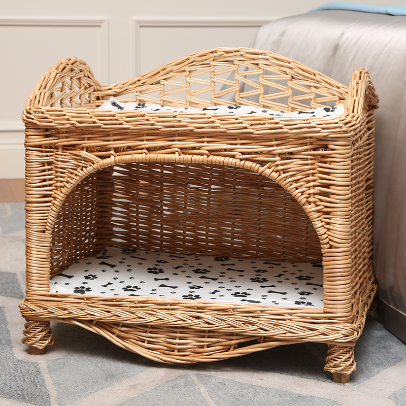 高档猫窝别墅夏季藤编双层猫屋狗窝伯曼短毛中小型犬宠物窝可拆洗 天然原色加2个垫子 超大型长68宽49高53（内径62厘米
