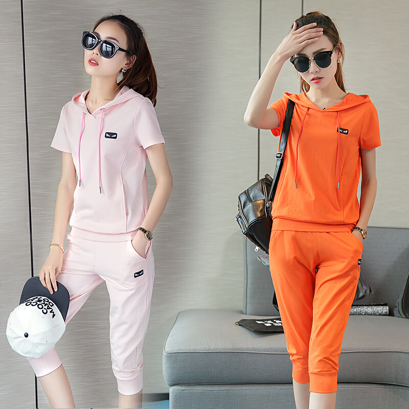 2运动套装女士017夏装新款运动服跑步大码短袖七分裤时尚休闲服连帽
