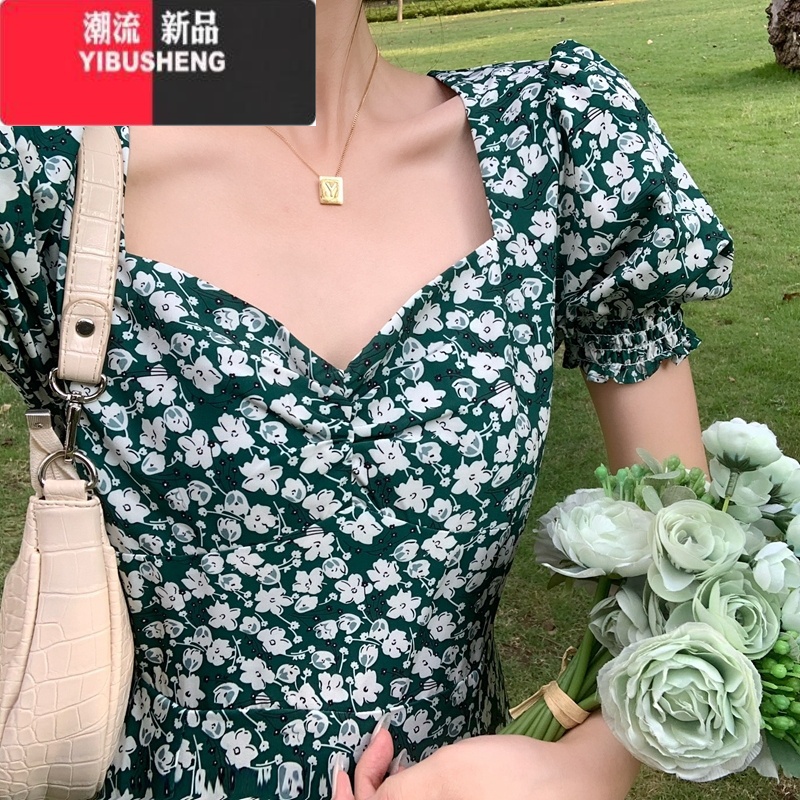 YIBUSHENG法式绿色碎花连衣裙女季新款甜美小清新复古小众茶歇开叉长裙子高清大图
