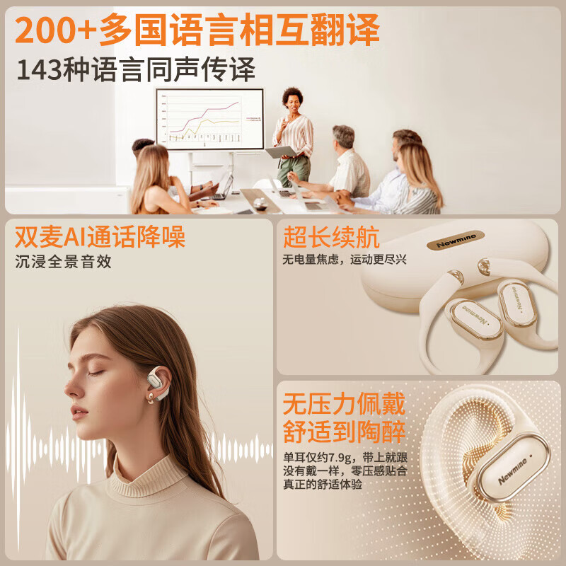 纽曼(Newsmy) LY50无线蓝牙耳机挂耳式翻译同声传译AI智能超长续航降噪通用