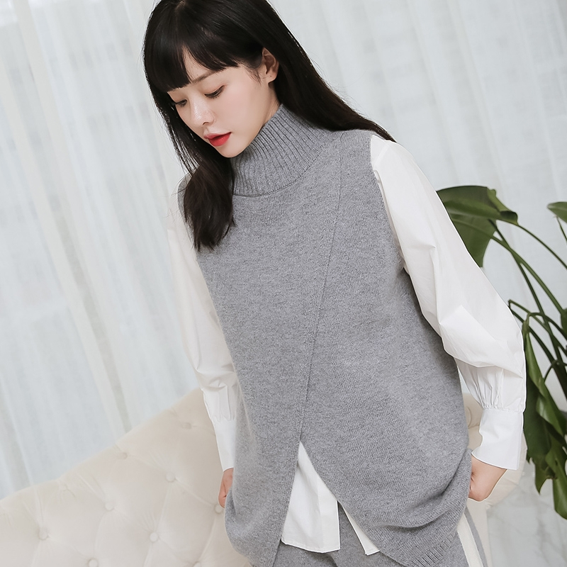 秋冬新款女士针织坎肩背心马甲韩版高领无袖宽松中长款毛衣羊