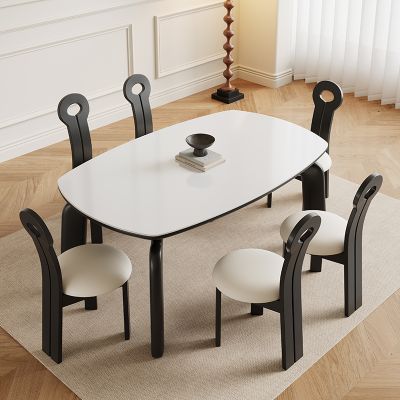 青木川 简约现代实木餐桌椅组合可折叠伸缩客厅餐厅家用岩板餐桌小户型圆桌多功能小清新法式奶油风四人六人吃饭桌子 雪上白餐桌＋河马椅 1.5米长餐桌＋六椅