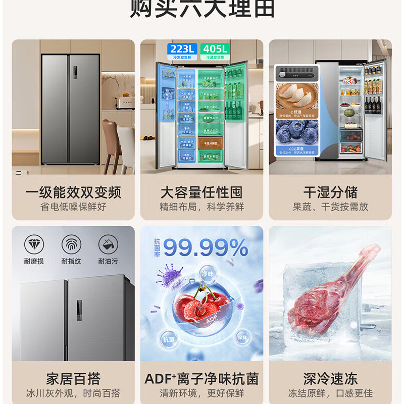 美菱BCD-628WKPCX 628升对开门冰箱 自动除霜电脑控温LCD显示冰川灰设计高清大图