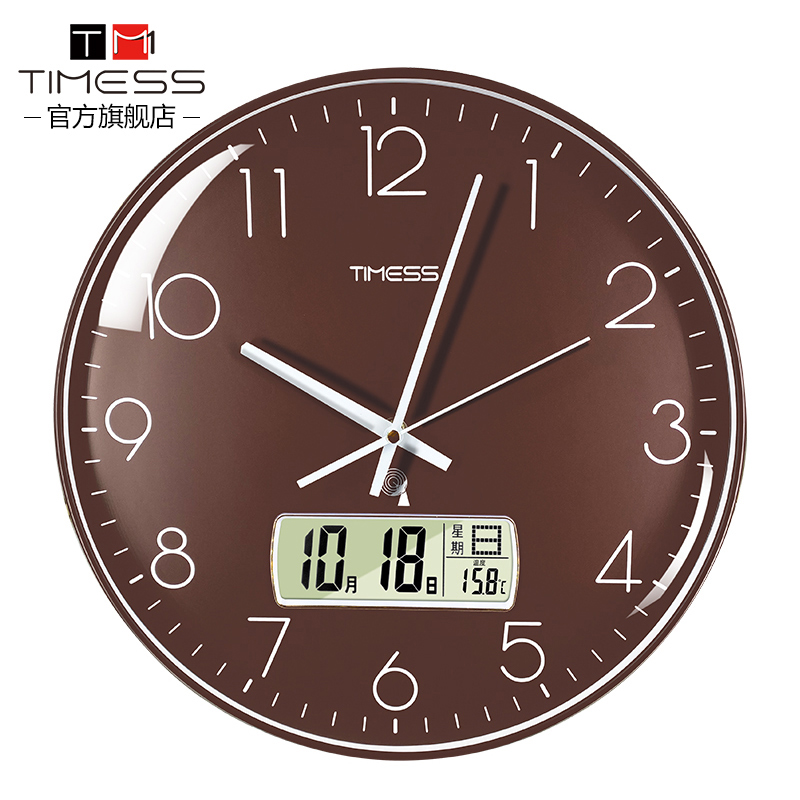 TIMESS钟表挂钟客厅家用2024新款轻奢挂表免打孔电波时钟挂墙 轻奢咖【液晶日历电波钟款】【自动对时+分秒不差】 12英寸（直径30.5厘米）