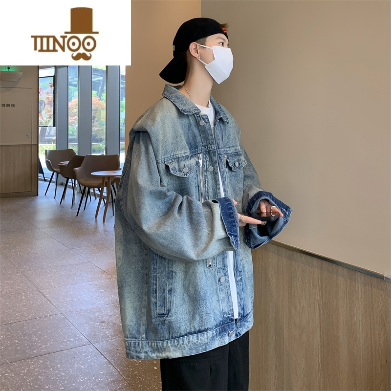 YANXU美式水洗做旧拉链拼接牛仔夹克男秋季ins潮牌复古翻领牛仔衣外套