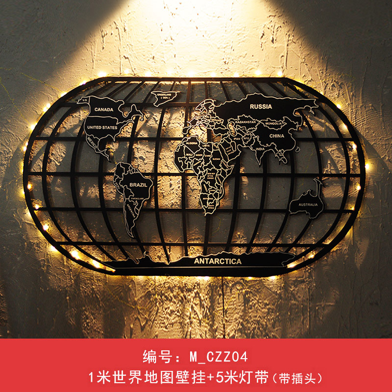 复古工业风铁艺世界地图墙壁挂件酒吧餐厅客厅墙上壁饰墙面装饰品 三维工匠 世界地图黑色1米+灯带高清大图