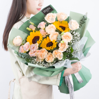 鼎卉鲜花速递 向日葵玫瑰混搭花束 毕业季 送老师闺蜜朋友生日鲜花【入目皆是你】3朵向日葵+11朵香槟玫瑰混搭花束