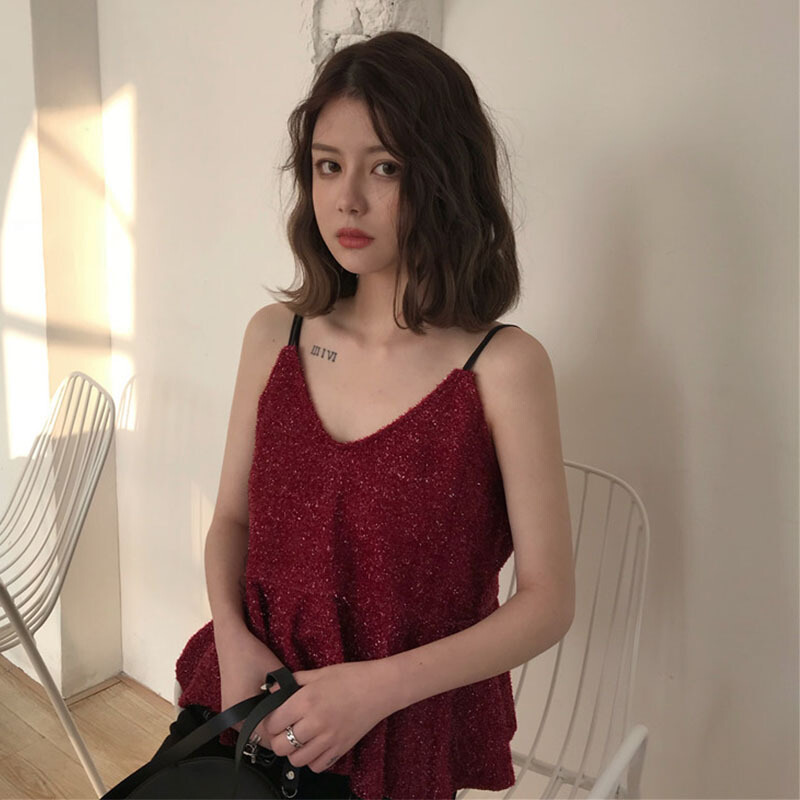 春夏女装韩版百搭V领娃娃衫荷叶边带衫短款外穿打底衫上衣背心红色均码