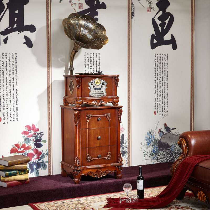 欧蒂诺 ODN-17D 实木复古留声机仿古欧式黑胶唱片机蓝牙DVD播放USB/MP3低音炮功能 经典棕
