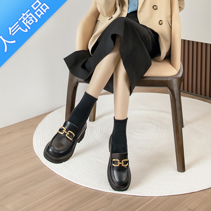 SUNTEK厚底乐福鞋女2023年夏季新款女鞋英伦风小皮鞋黑色jk复古百搭单鞋高清大图