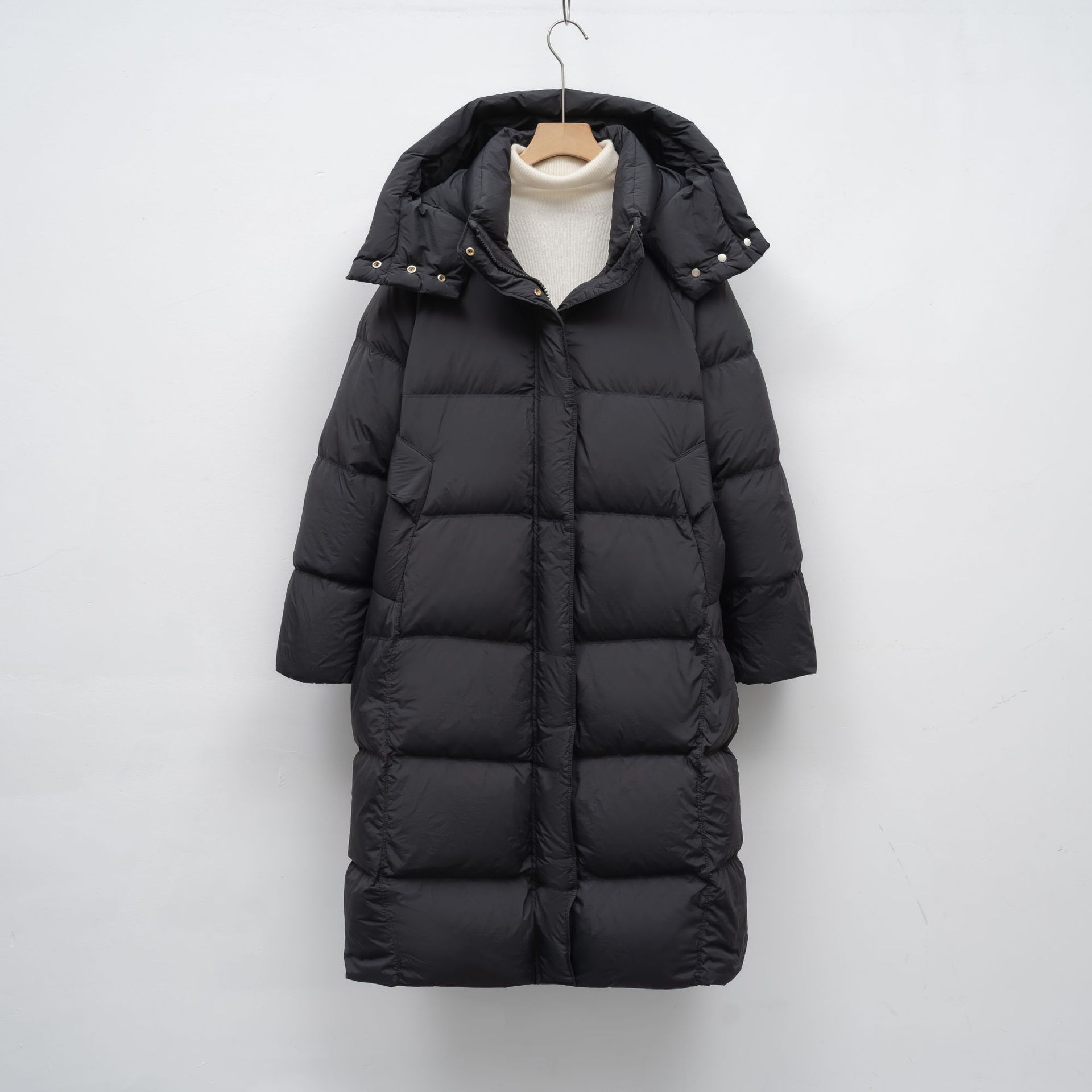 冬季中长款韩宽松面包服休闲外套白鸭绒保暖连帽羽绒服女 黑色 M