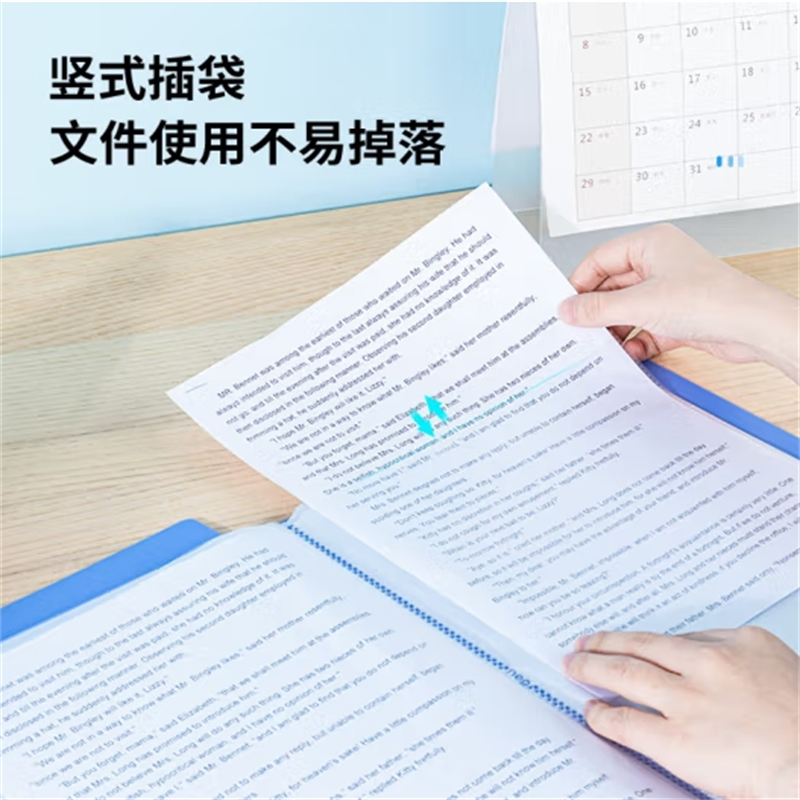 得力5220 20页资料册资料册档案袋塑料A4文件夹翻页透明插多袋简约插页式(蓝)高清大图