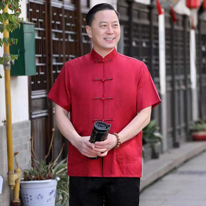 唐装男短袖套装夏季中老年男装爷爷中国风爸爸装老年人汉服衣服夏 莎丞图片