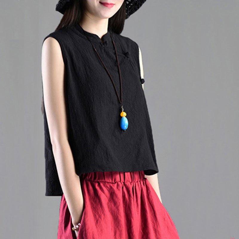 文艺范复古棉麻背心女装夏外穿亚麻无袖短款盘扣宽松民族风上衣黑色