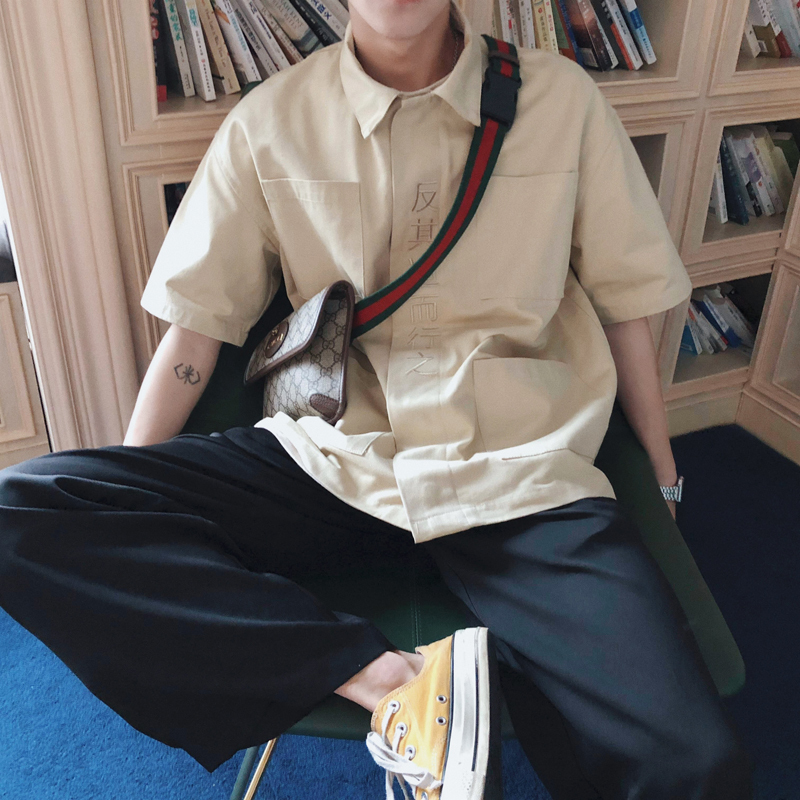 夏装潮男汉字中文刺绣衬衣男士多口袋短袖衬衫港风时尚帅气韩版潮