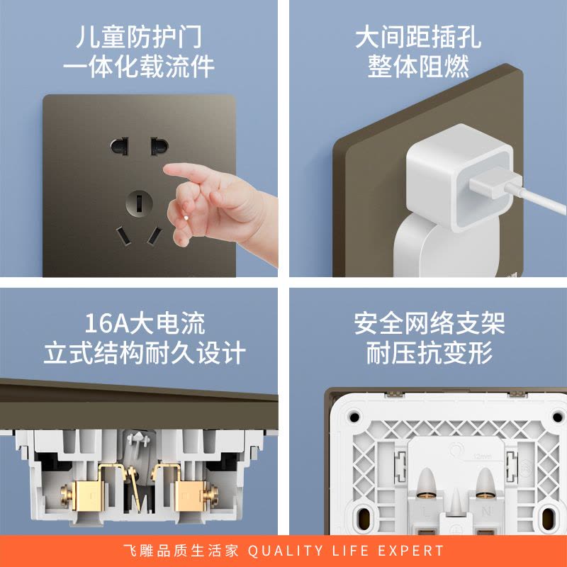 飞雕(FEIDIAO)开关插座 无框大板纯平暗装16A三孔 家用商用插座面板 A7荧光灰16A三孔图片