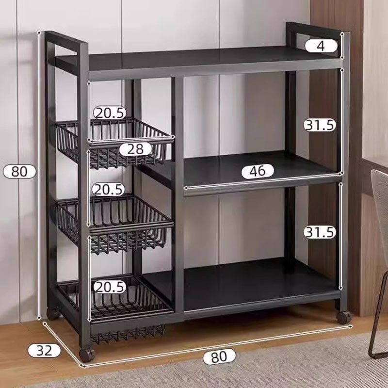 布欧格厨房置物架落地多层收纳 【升级可调节】80*32*80【3网篮+3层板】