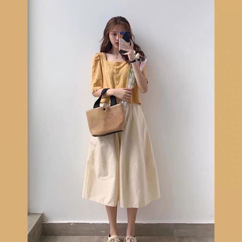 艳如飞夏季新款可盐可甜复古文艺小个子少女感穿搭上衣+半身裙两件套装套装