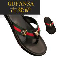 GUFANSA法国奢侈品牌 欧洲上流名士高端品牌欧洲站2022夏季酷奇刺绣虎头人字拖鞋男士真皮夹趾拖鞋沙滩凉拖鞋
