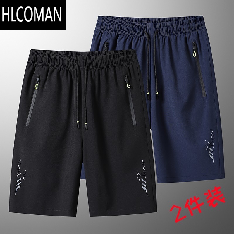 HLCOMAN男士夏季速干裤休闲五分裤冰丝高弹力短裤男肥佬裤加大码运动大短 4XL165-180斤 黑色+蓝色