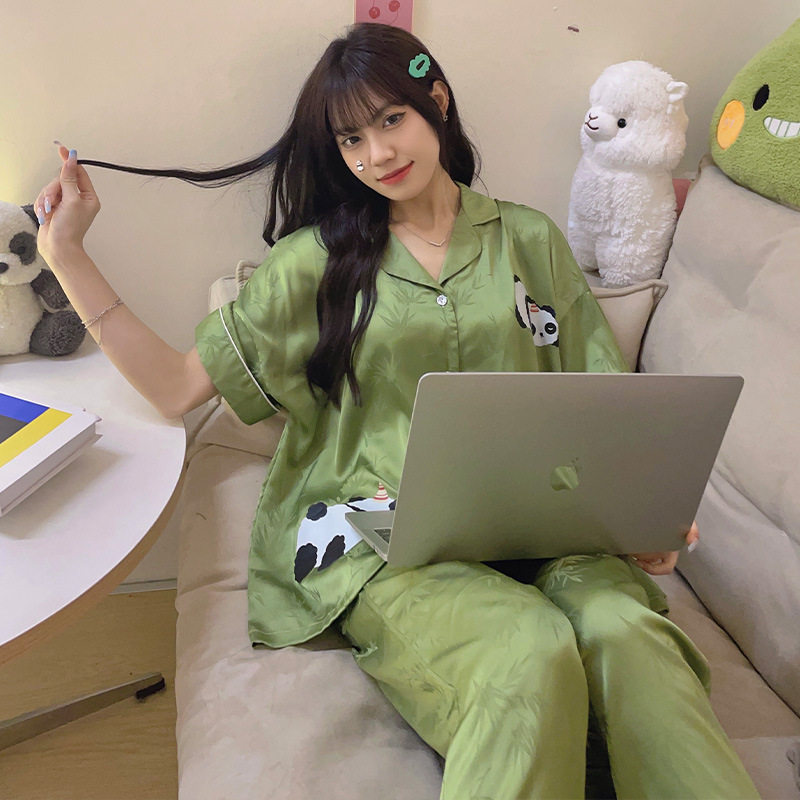 睡衣女夏季冰丝短袖短裤薄款2026条纹卡通印花宽松大码可外穿家居高清大图