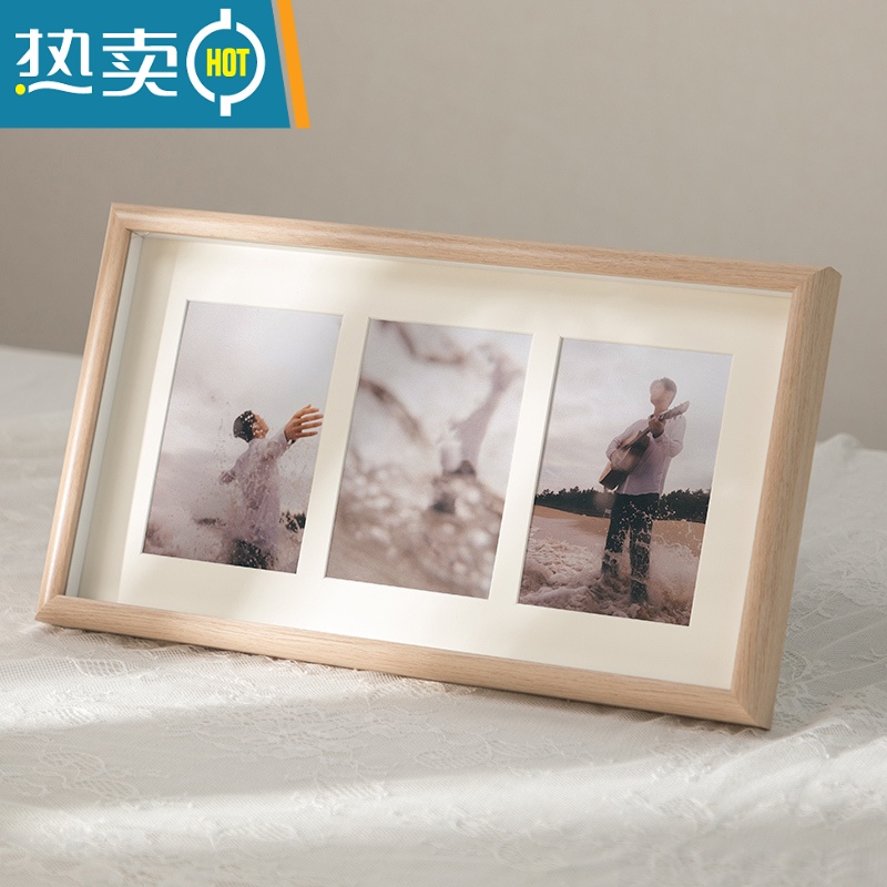 敬平简约创意相框摆台加洗照片四连组合相架情侣婚纱宝宝6寸相片像框 三联白橡木色(可放三张6寸照片10*15cm) 相框+高清大图