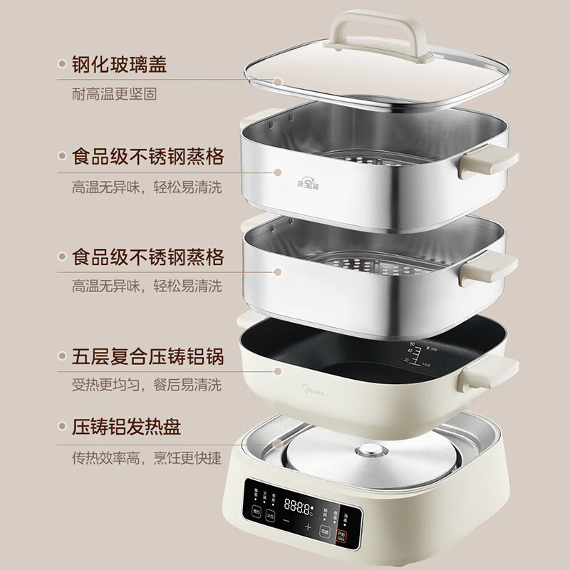美的(Midea)电蒸锅 电煮锅 电火锅 多功能锅家用电锅蒸包子锅蒸全能三层大容量多用途锅 ZGC282802