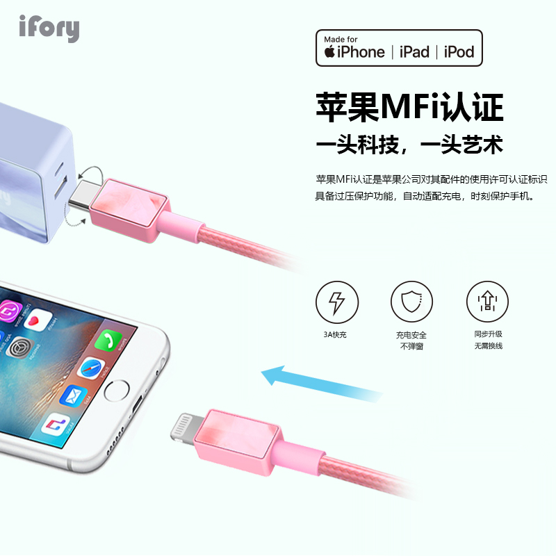 ifory安福瑞 MFi认证PD快充支持苹果12iphone11pro/x手机18W快充数据线 多色可选 珐琅粉0.9米